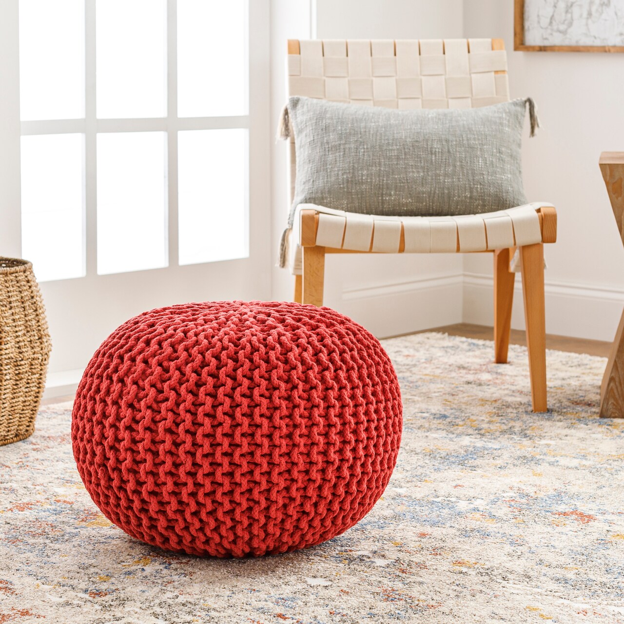 Diva At Home 20" x 14" Hermosa Scarlet Red Hand Crafted Cotton Round Pouf Ottoman